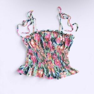 Floral Tie Strap Top Smocked Stretch Takara Boho Coquette Summer